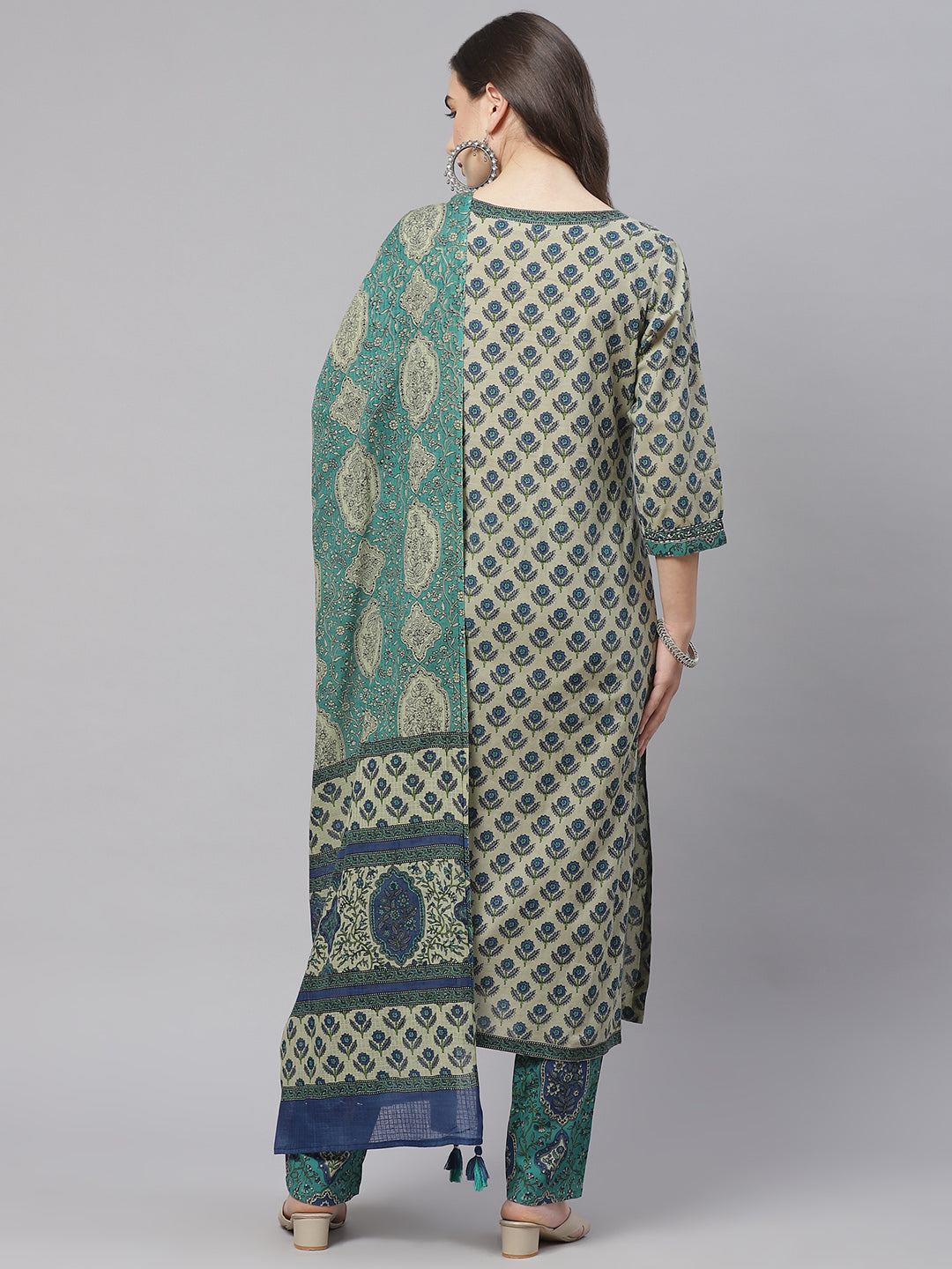 Women'S Green Cotton Straight Kurta Pant Set With Dupatta | LASVINI - Redefining Indian Fashion with Elegance