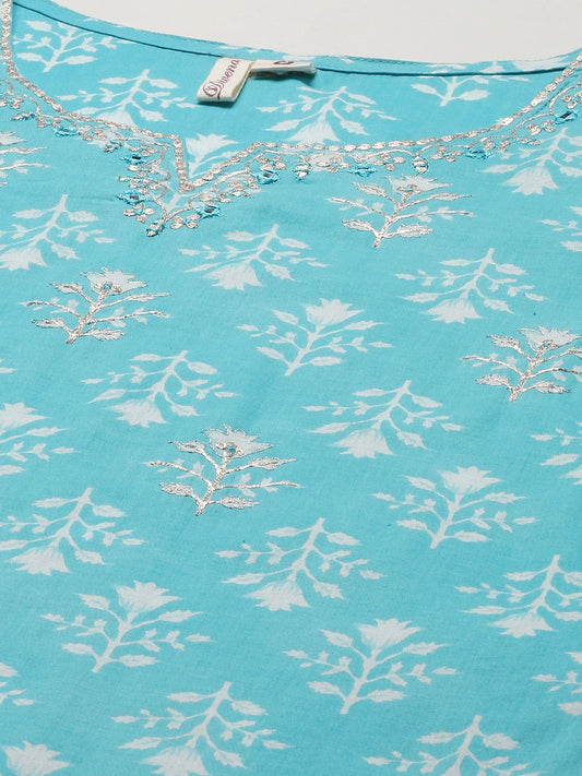 Women'S Sky Blue Cotton Straight Kurta Pant Set With Dupatta | LASVINI - Redefining Indian Fashion with Elegance