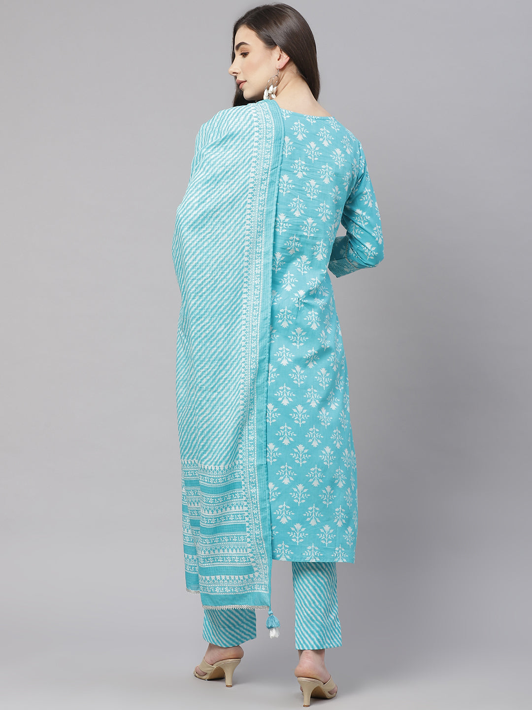Women'S Sky Blue Cotton Straight Kurta Pant Set With Dupatta | LASVINI - Redefining Indian Fashion with Elegance