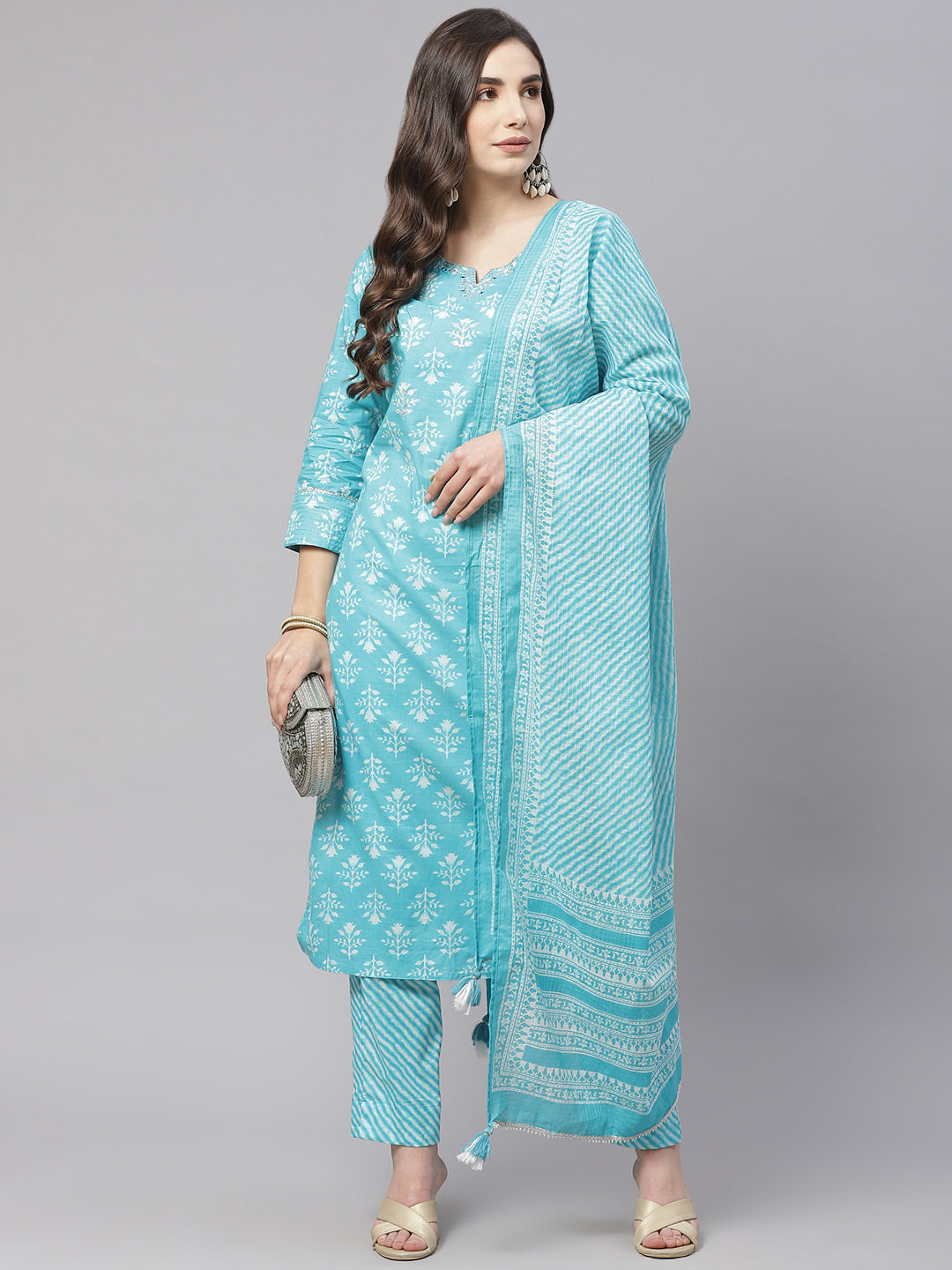 Women'S Sky Blue Cotton Straight Kurta Pant Set With Dupatta | LASVINI - Redefining Indian Fashion with Elegance