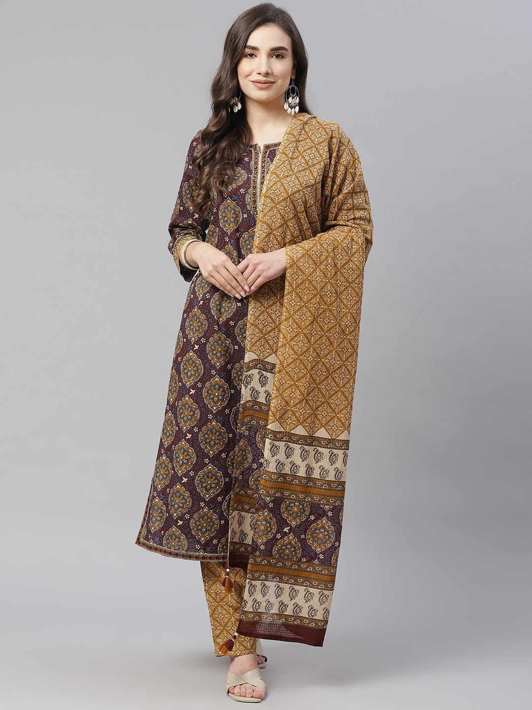 Women'S Brown Cotton Straight Kurta Pant Set With Dupatta | LASVINI - Redefining Indian Fashion with Elegance