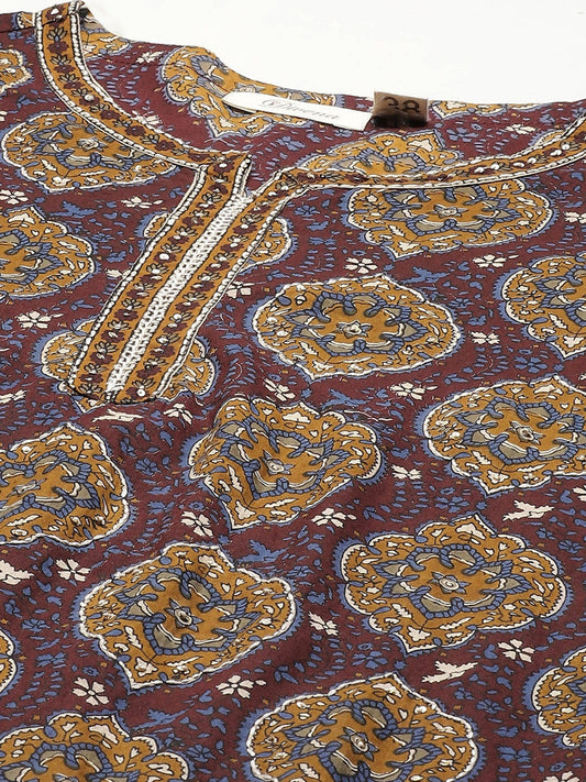 Women'S Brown Cotton Straight Kurta Pant Set With Dupatta | LASVINI - Redefining Indian Fashion with Elegance