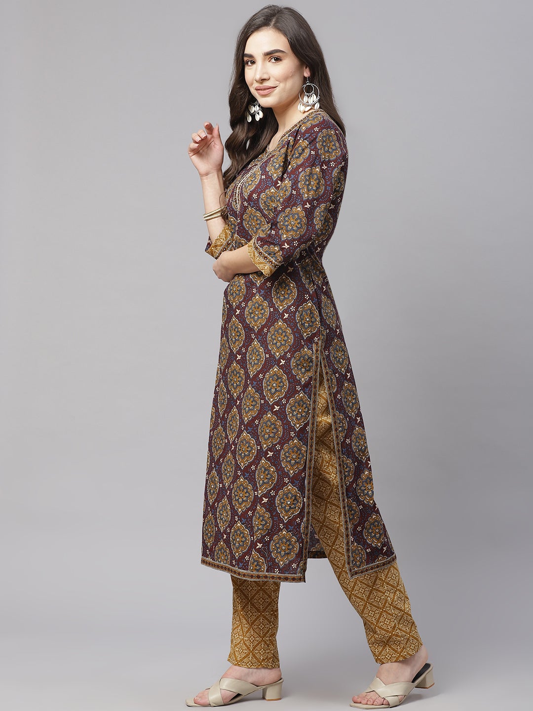 Women'S Brown Cotton Straight Kurta Pant Set With Dupatta | LASVINI - Redefining Indian Fashion with Elegance