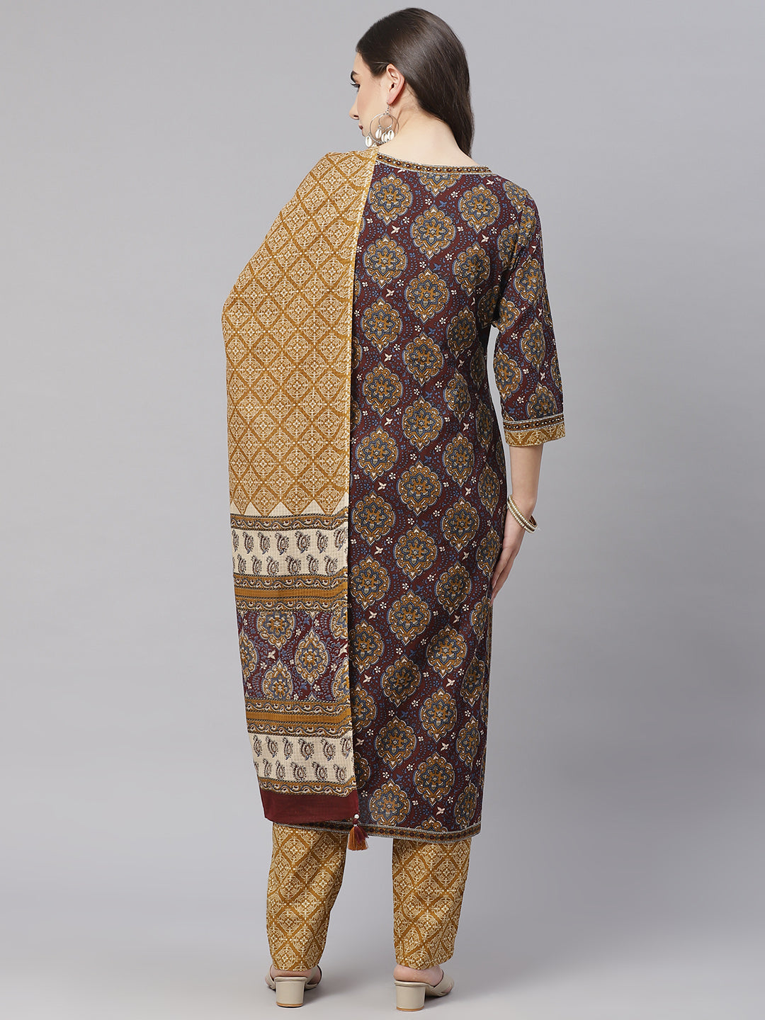 Women'S Brown Cotton Straight Kurta Pant Set With Dupatta | LASVINI - Redefining Indian Fashion with Elegance