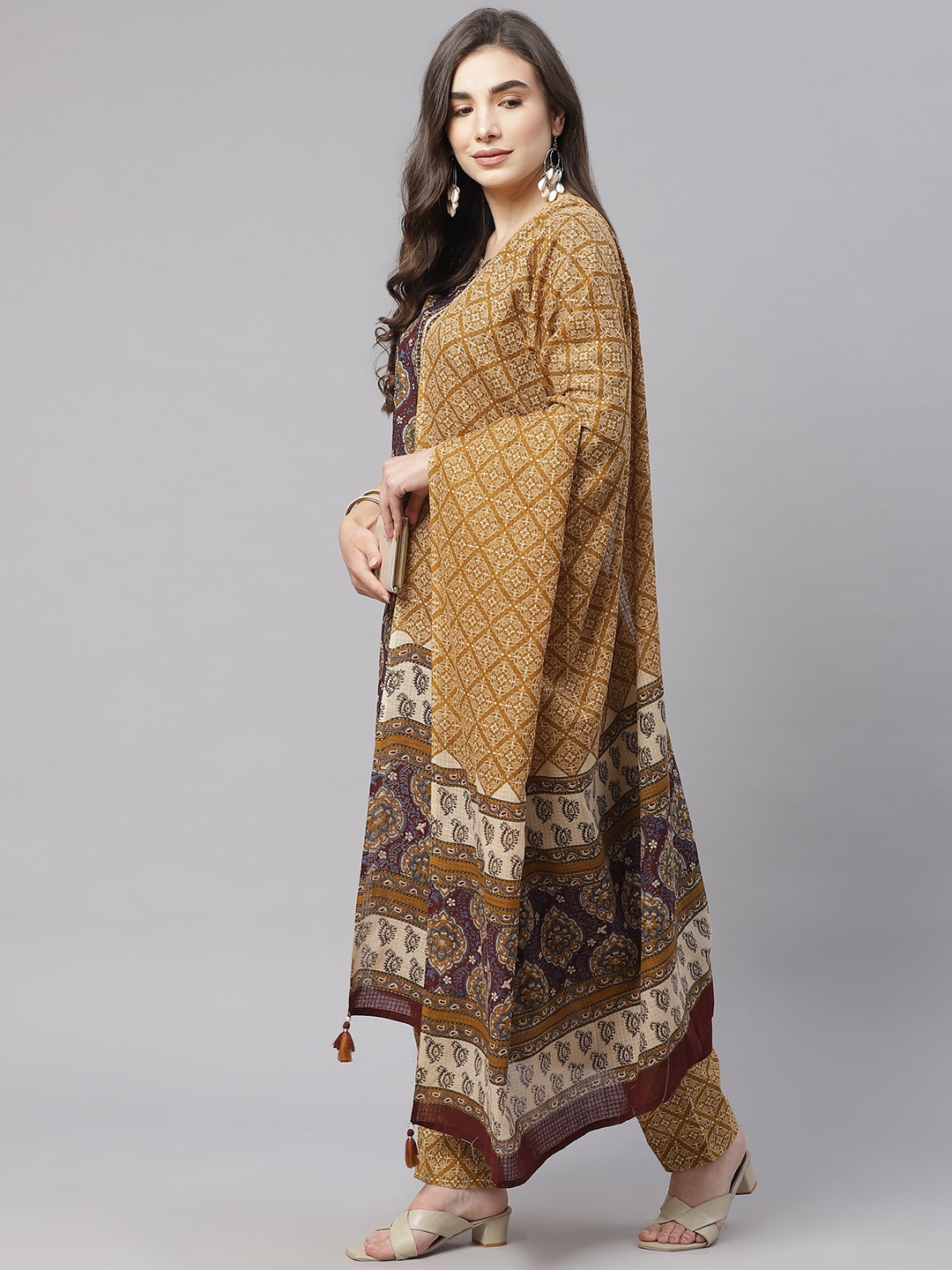 Women'S Brown Cotton Straight Kurta Pant Set With Dupatta | LASVINI - Redefining Indian Fashion with Elegance
