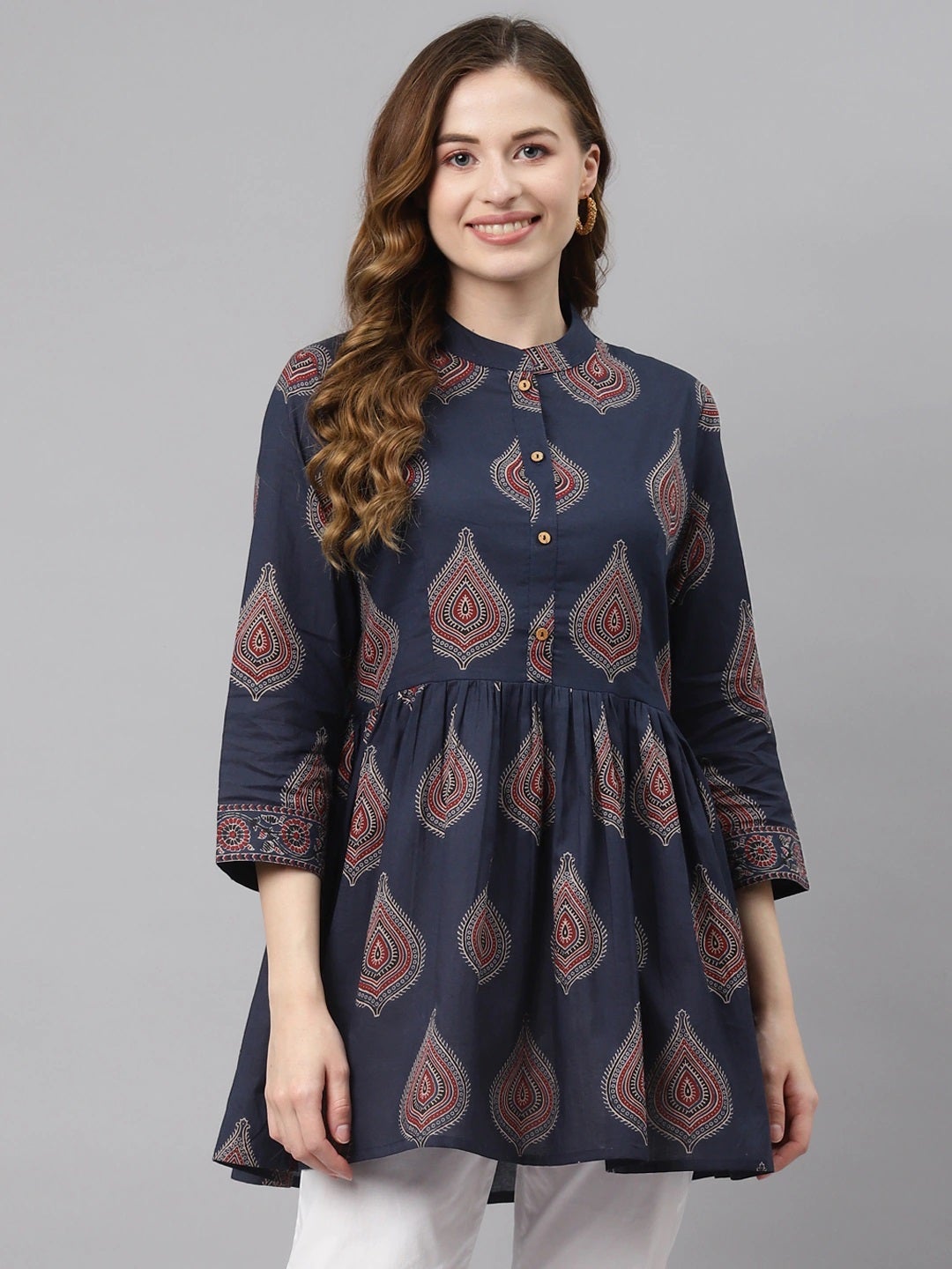 Women'S Navy Blue Buti Print Cotton Peplum Top | LASVINI - Redefining Indian Fashion with Elegance