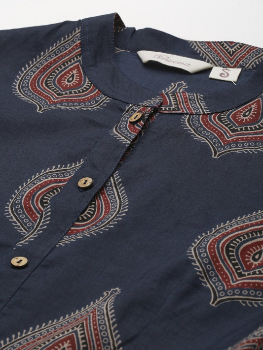 Women'S Navy Blue Buti Print Cotton Peplum Top | LASVINI - Redefining Indian Fashion with Elegance