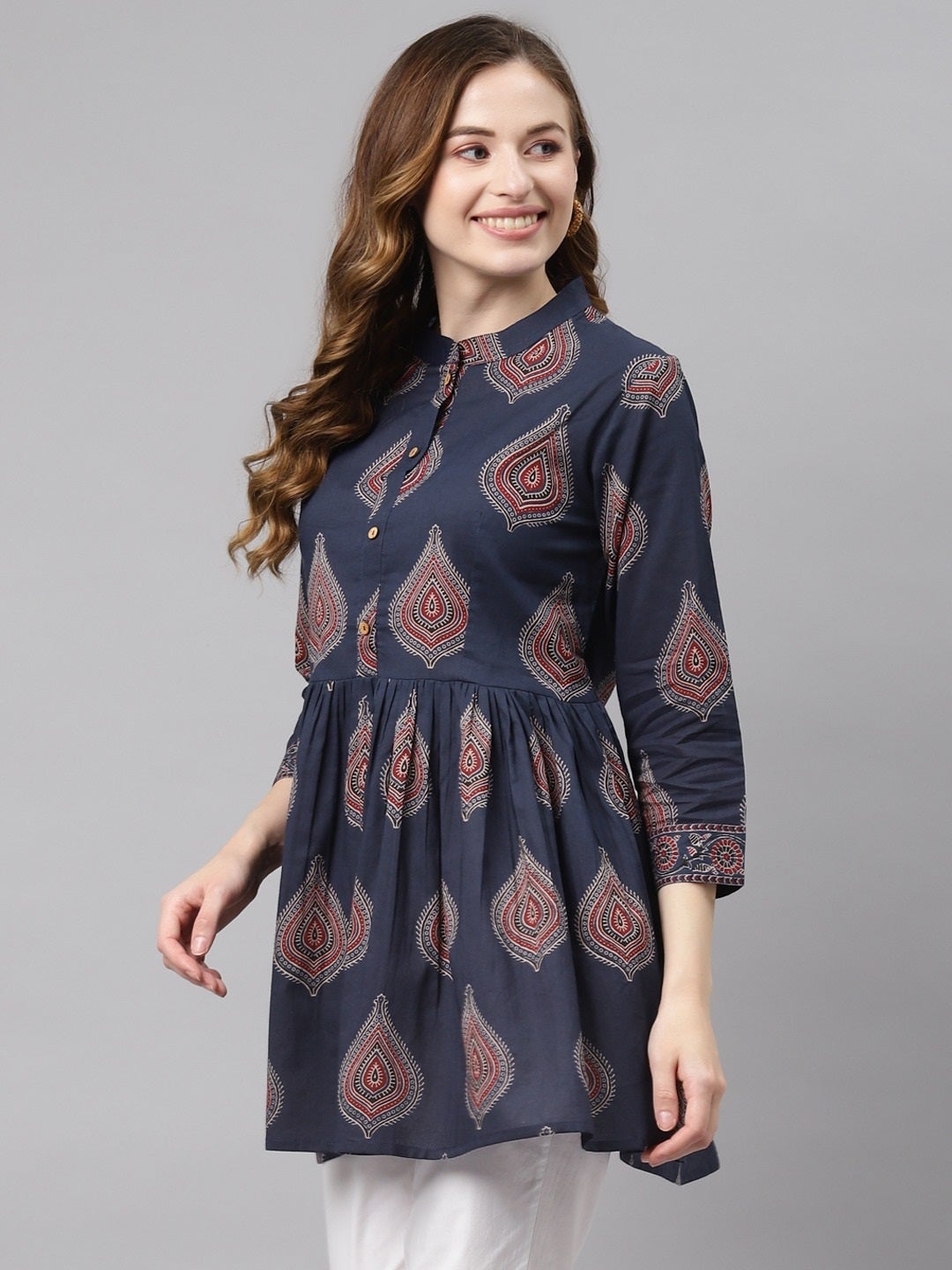 Women'S Navy Blue Buti Print Cotton Peplum Top | LASVINI - Redefining Indian Fashion with Elegance