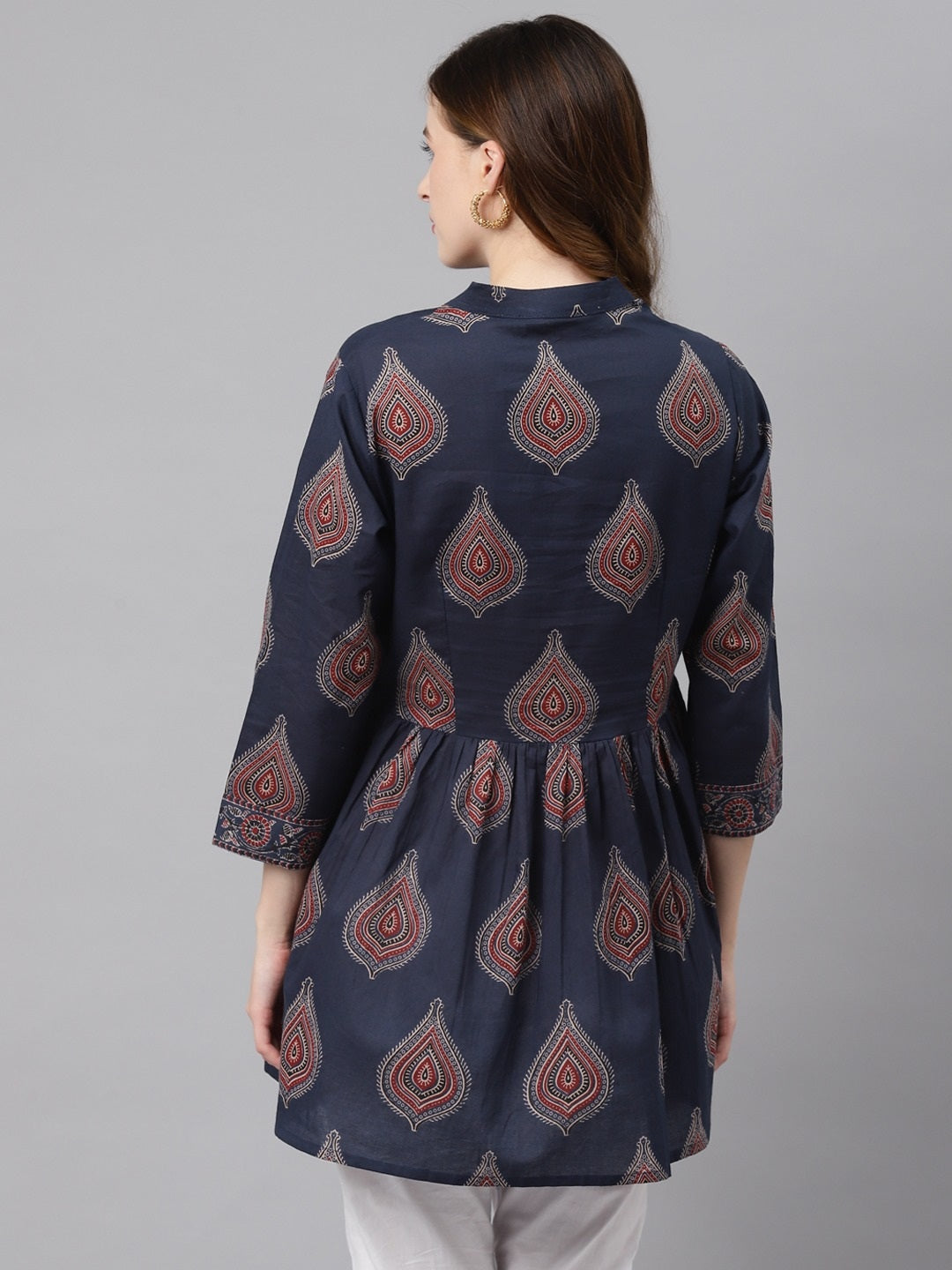 Women'S Navy Blue Buti Print Cotton Peplum Top | LASVINI - Redefining Indian Fashion with Elegance
