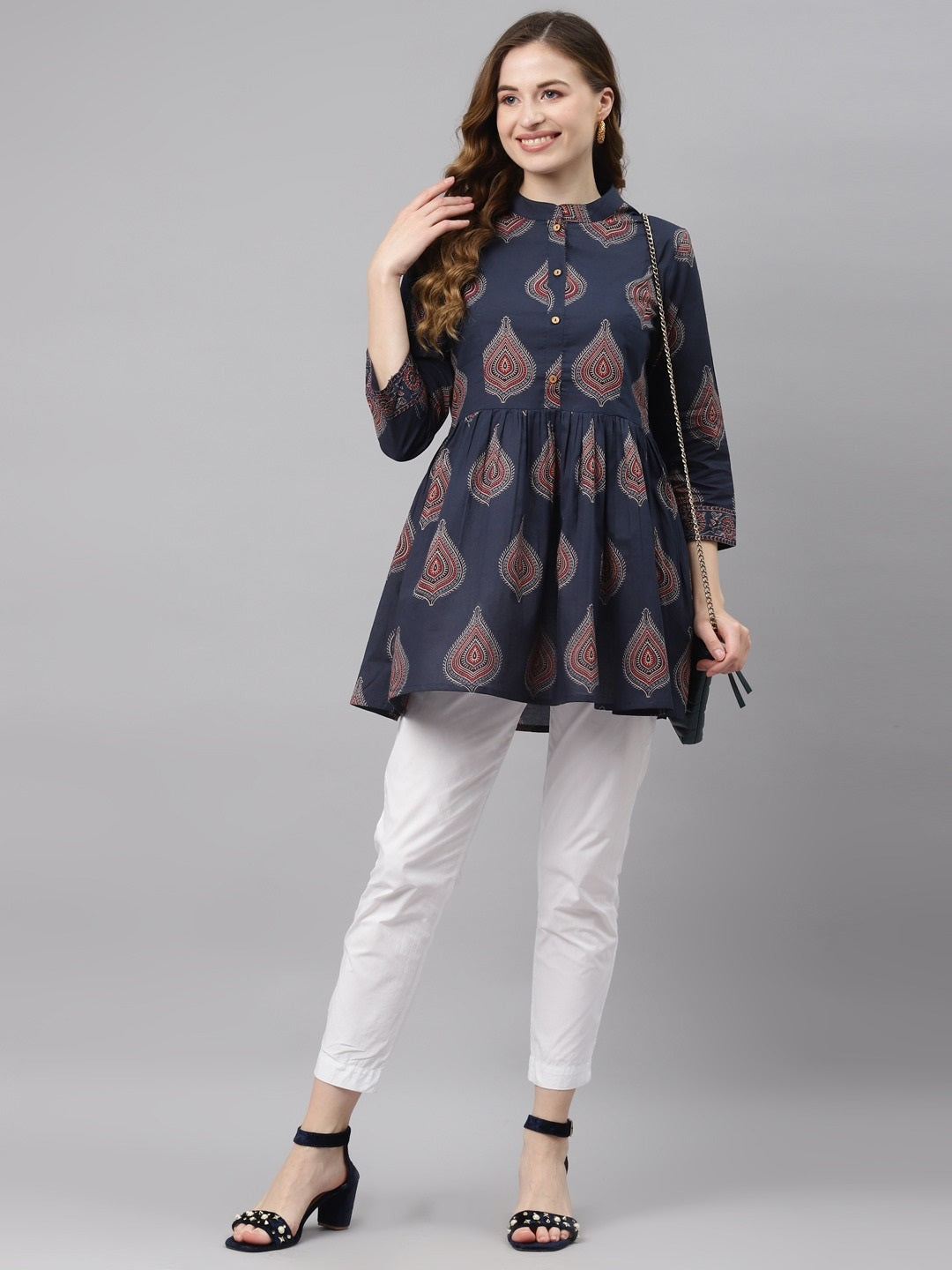 Women'S Navy Blue Buti Print Cotton Peplum Top | LASVINI - Redefining Indian Fashion with Elegance