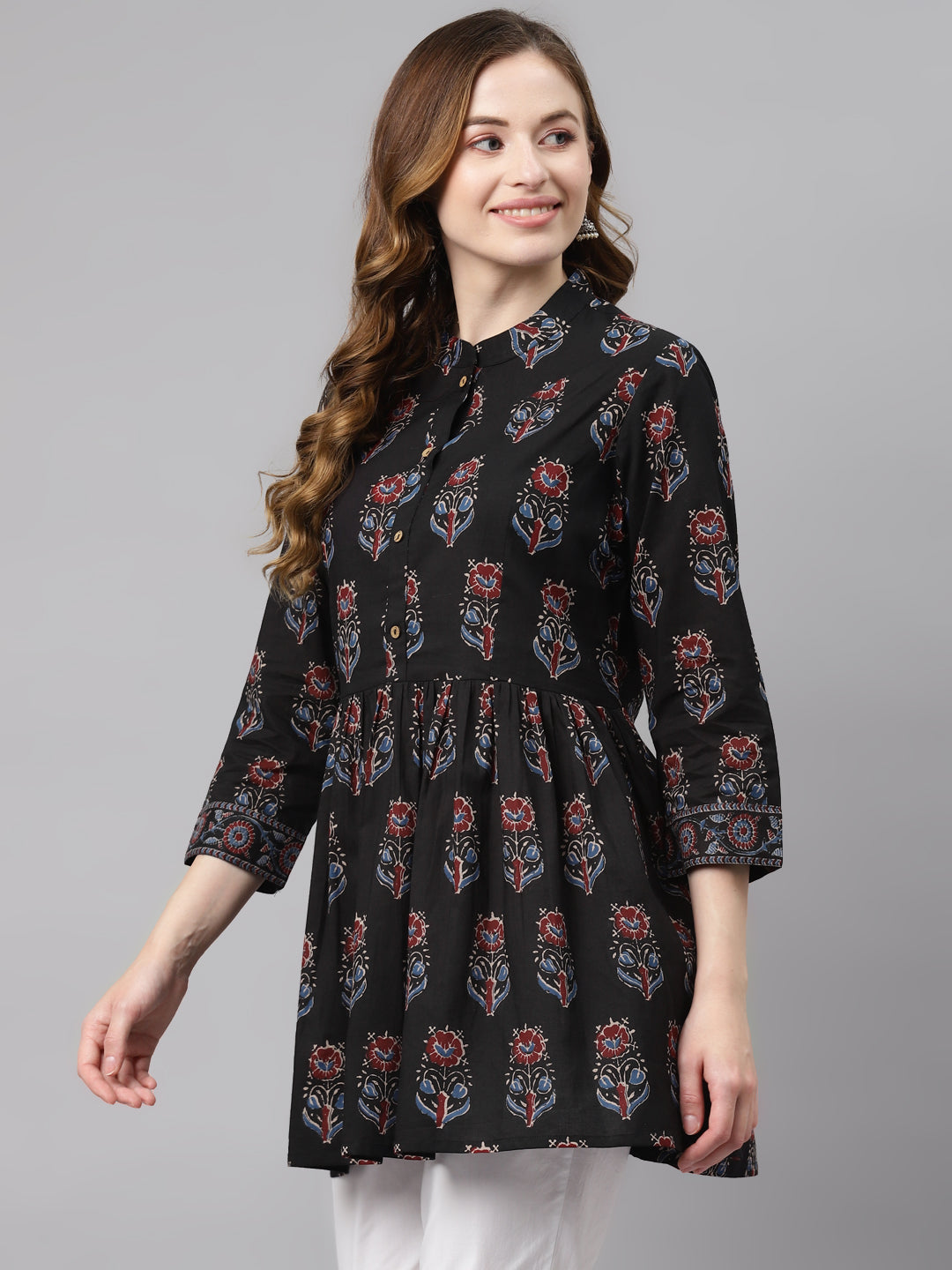 Women'S Black Floral Cotton Peplum Top | LASVINI - Redefining Indian Fashion with Elegance