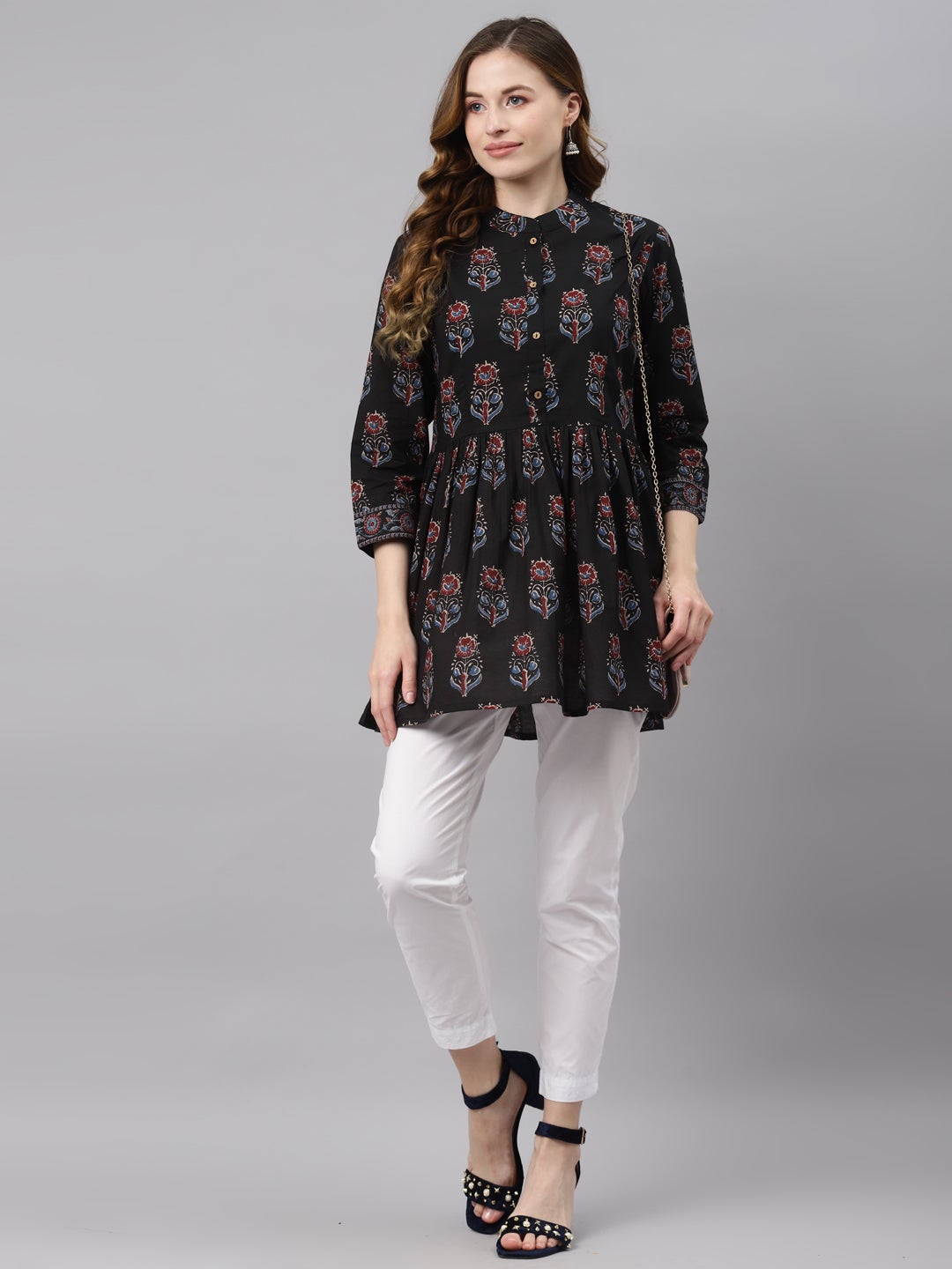 Women'S Black Floral Cotton Peplum Top | LASVINI - Redefining Indian Fashion with Elegance