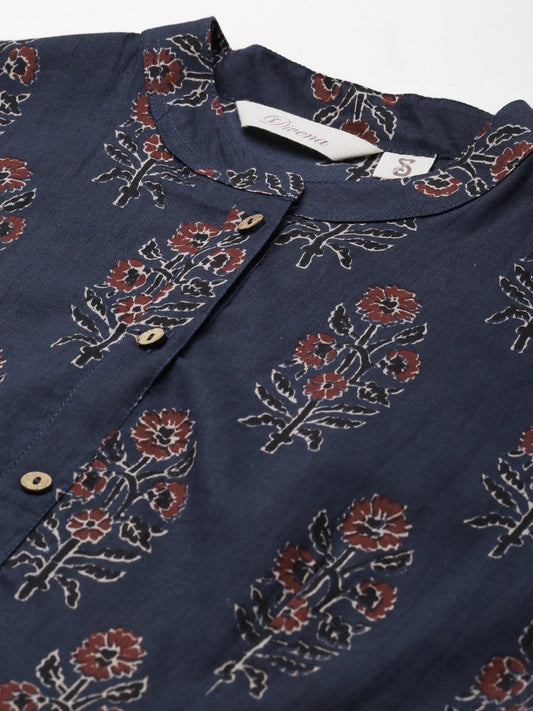 Women'S Navy Blue Floral Cotton Peplum Top | LASVINI - Redefining Indian Fashion with Elegance