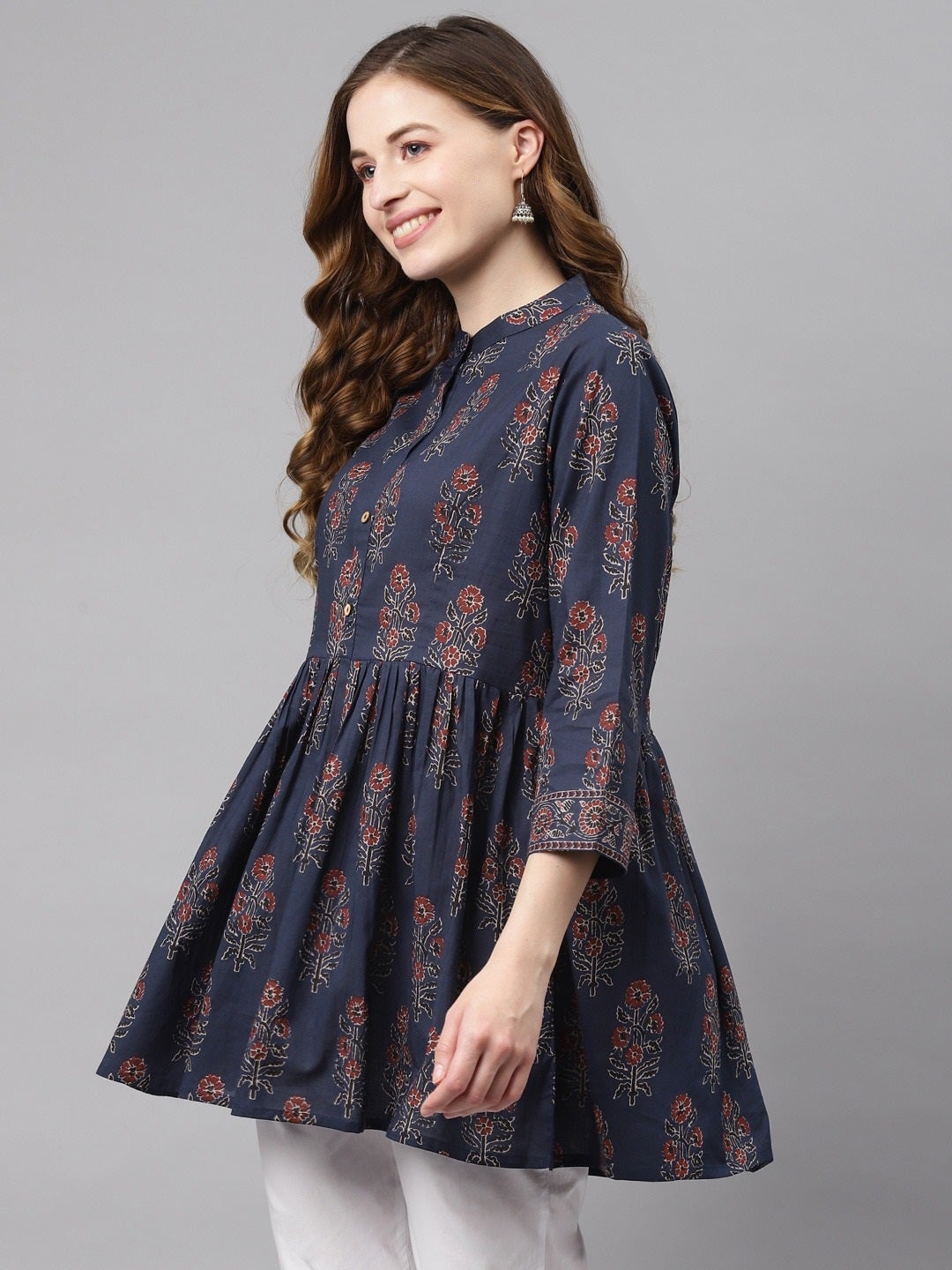 Women'S Navy Blue Floral Cotton Peplum Top | LASVINI - Redefining Indian Fashion with Elegance