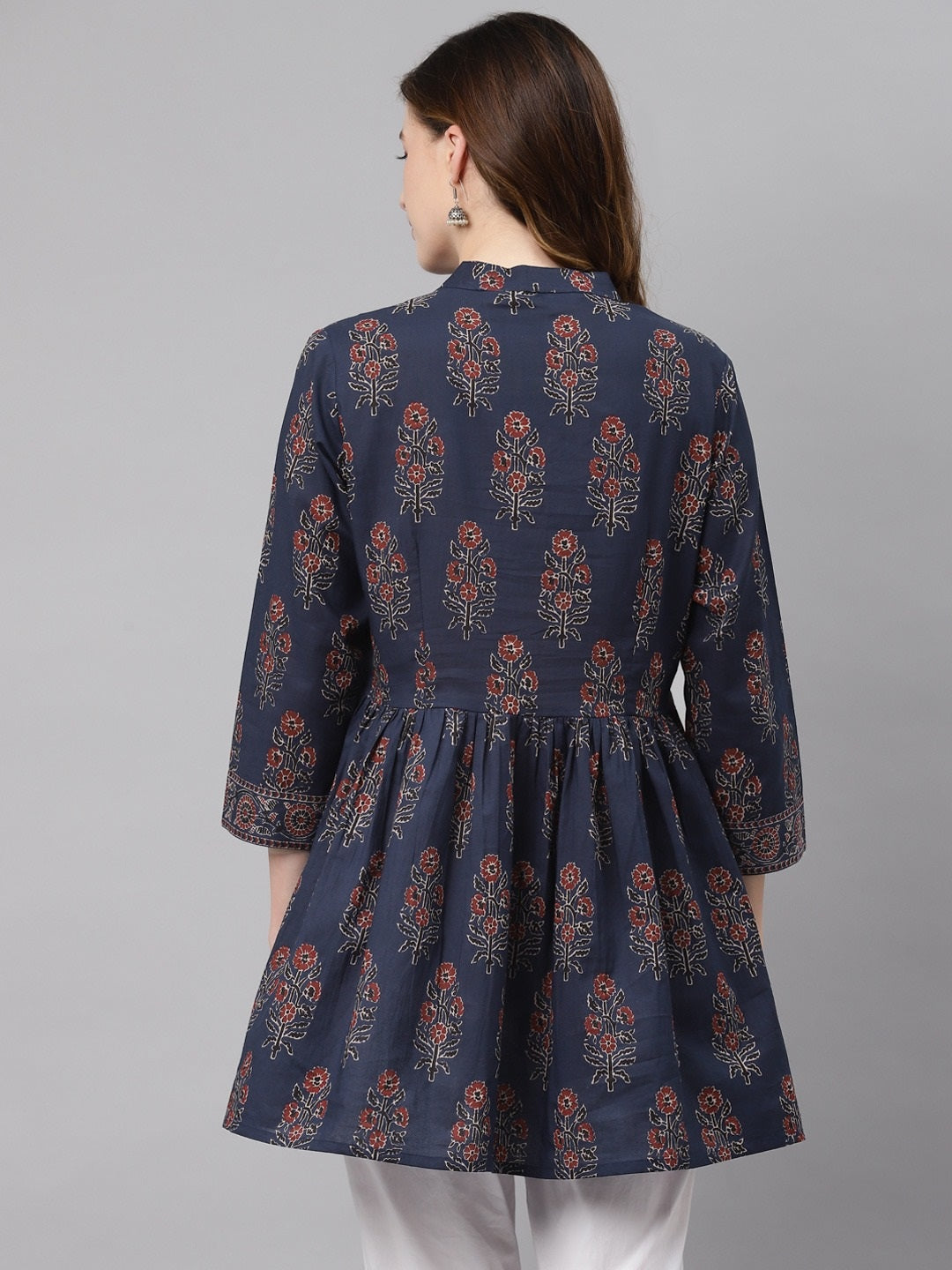 Women'S Navy Blue Floral Cotton Peplum Top | LASVINI - Redefining Indian Fashion with Elegance