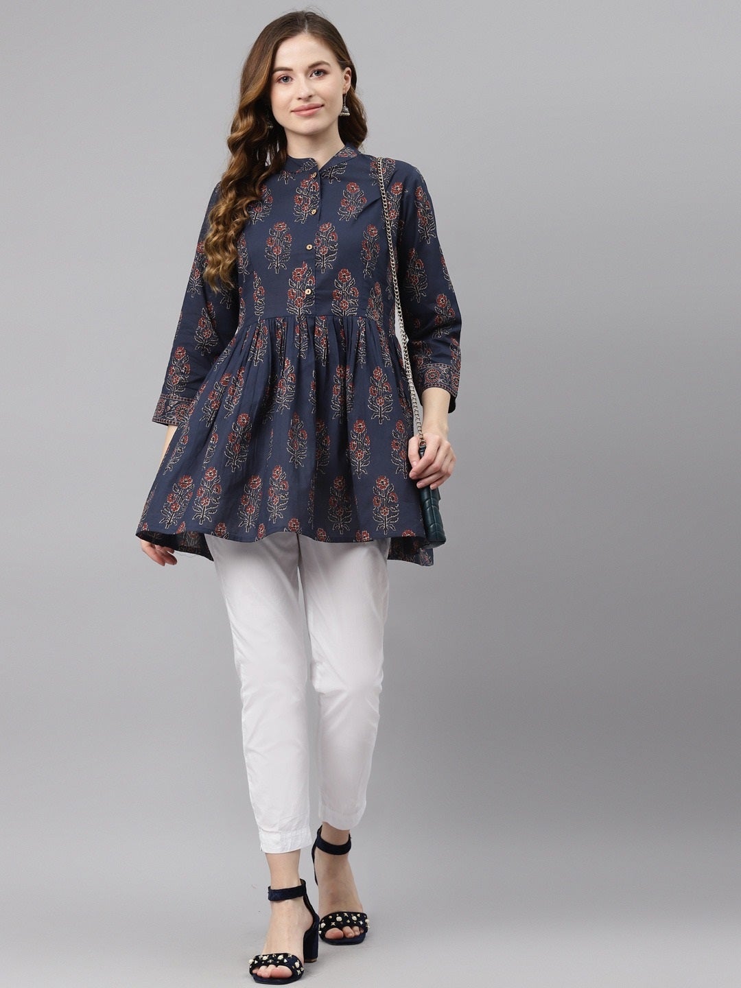Women'S Navy Blue Floral Cotton Peplum Top | LASVINI - Redefining Indian Fashion with Elegance