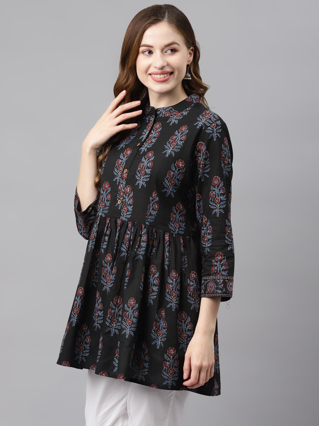 Women'S Black Floral Cotton Peplum Top | LASVINI - Redefining Indian Fashion with Elegance