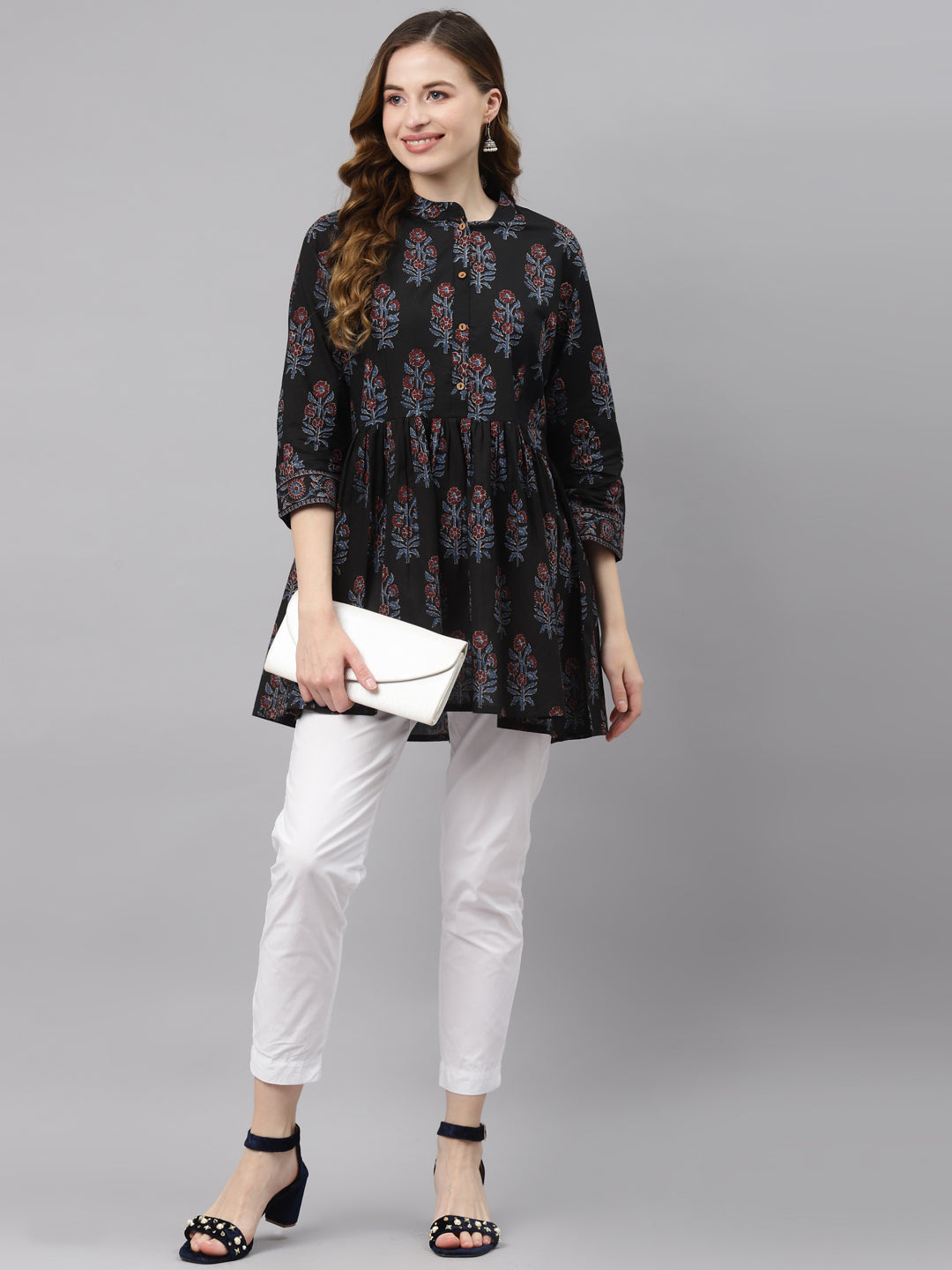 Women'S Black Floral Cotton Peplum Top | LASVINI - Redefining Indian Fashion with Elegance