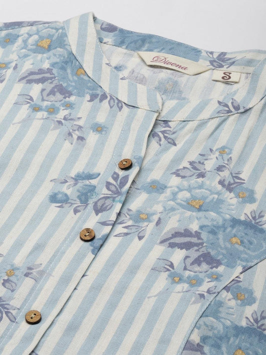 Off White And Blue Floral Printed Cotton A-Line Kurta | LASVINI - Redefining Indian Fashion with Elegance