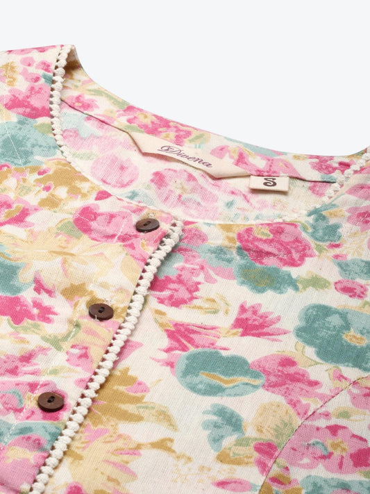Multi Floral Printed Cotton Flex A-Line Kurta | LASVINI - Redefining Indian Fashion with Elegance