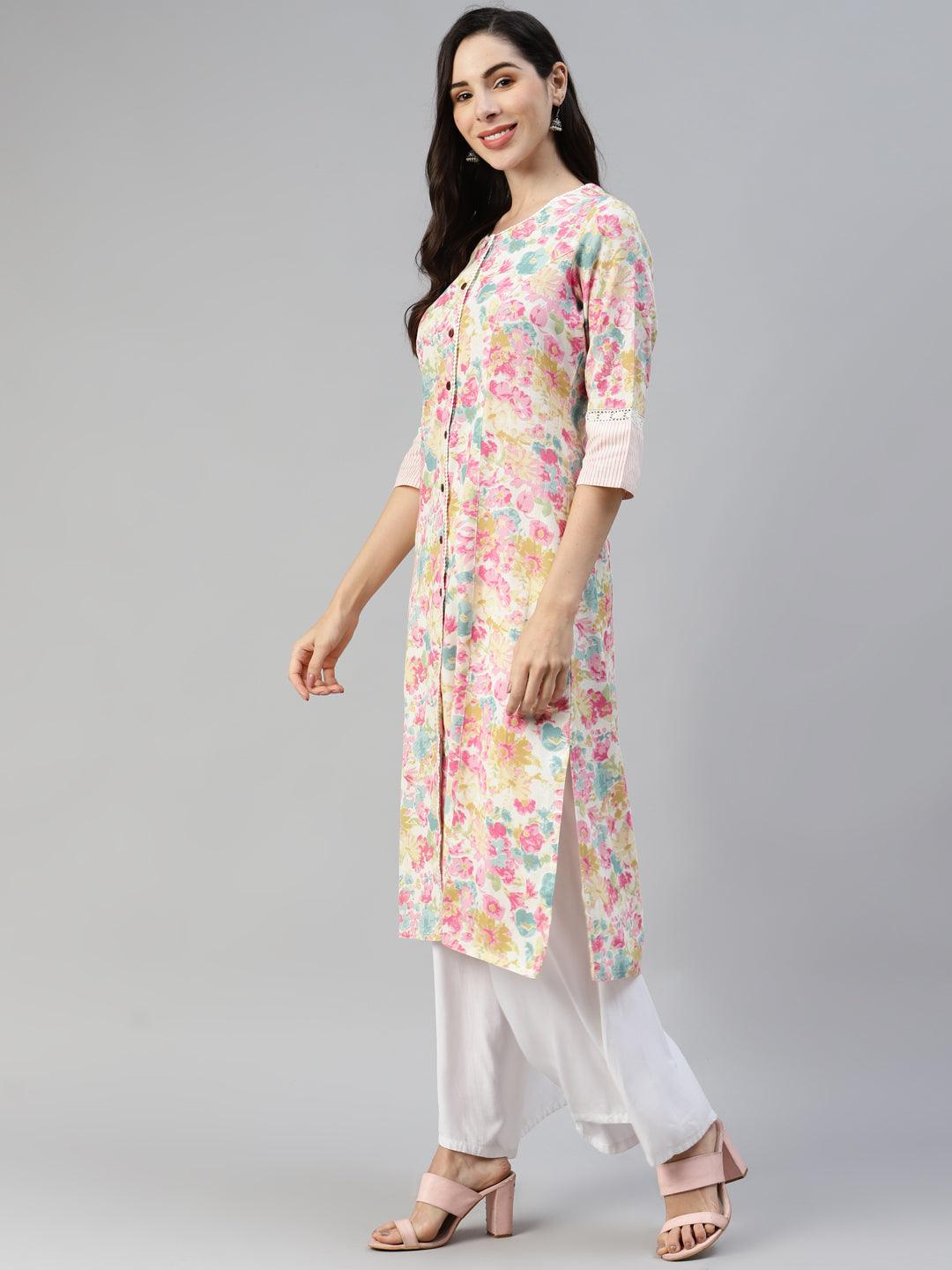 Multi Floral Printed Cotton Flex A-Line Kurta | LASVINI - Redefining Indian Fashion with Elegance