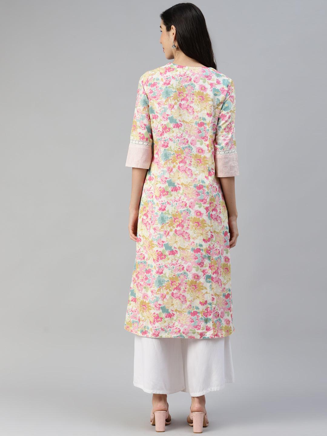 Multi Floral Printed Cotton Flex A-Line Kurta | LASVINI - Redefining Indian Fashion with Elegance