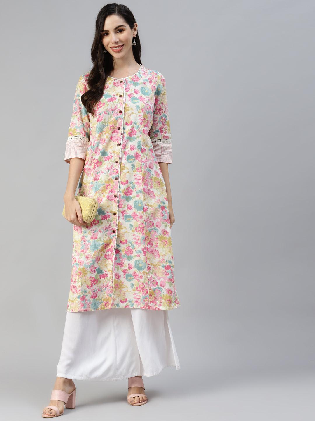 Multi Floral Printed Cotton Flex A-Line Kurta | LASVINI - Redefining Indian Fashion with Elegance