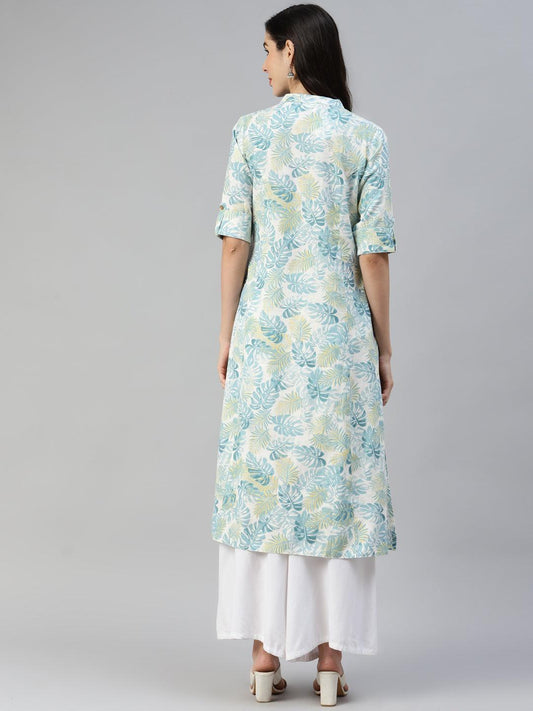 White Floral Printed Cotton Flex A-Line Kurta | LASVINI - Redefining Indian Fashion with Elegance