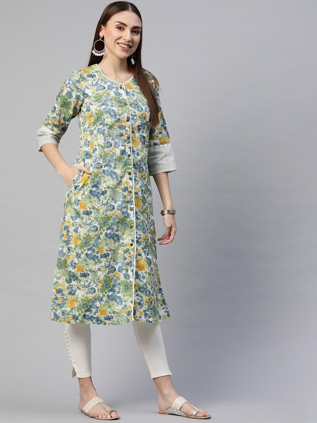 Multi Color Floral Printed Cotton Flex A-Line Kurta | LASVINI - Redefining Indian Fashion with Elegance