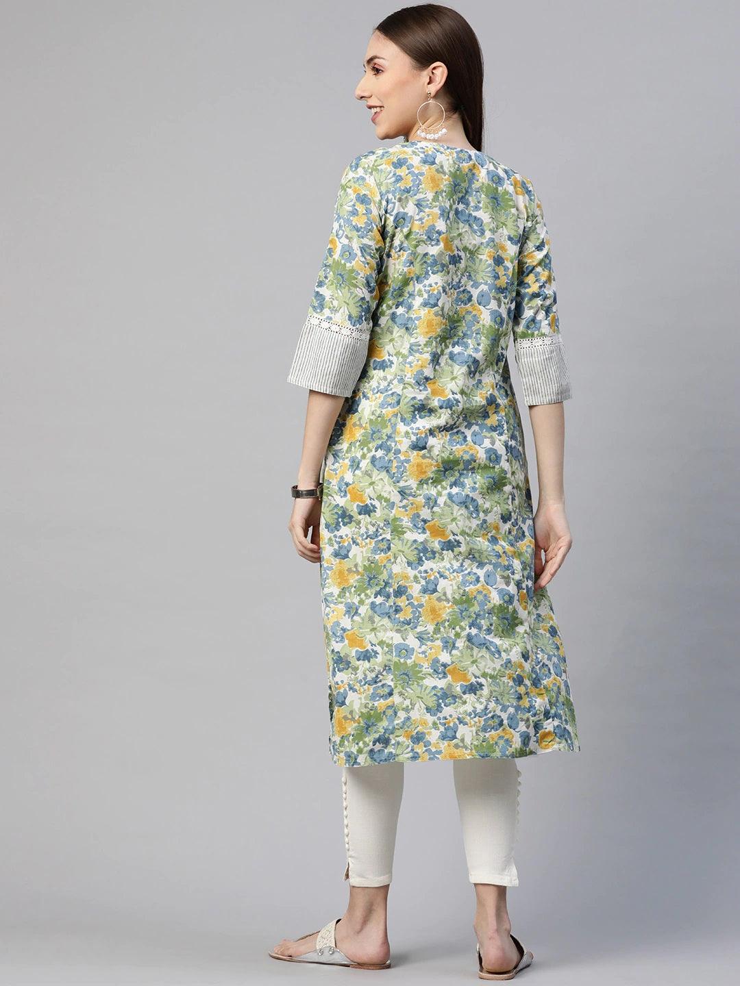 Multi Color Floral Printed Cotton Flex A-Line Kurta | LASVINI - Redefining Indian Fashion with Elegance