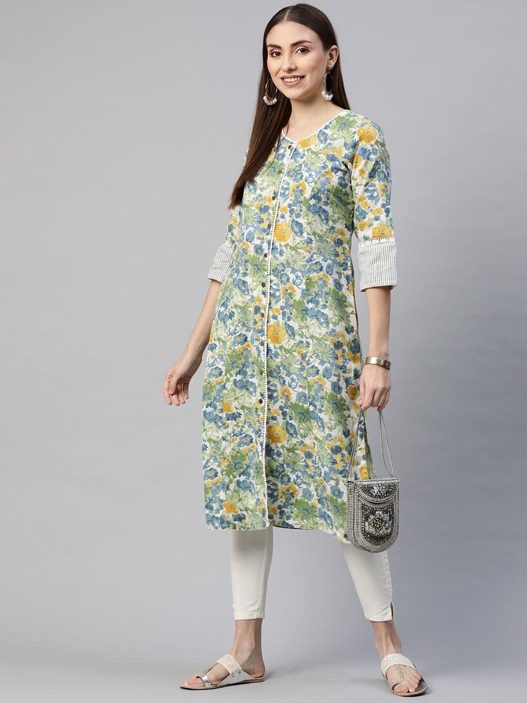 Multi Color Floral Printed Cotton Flex A-Line Kurta | LASVINI - Redefining Indian Fashion with Elegance