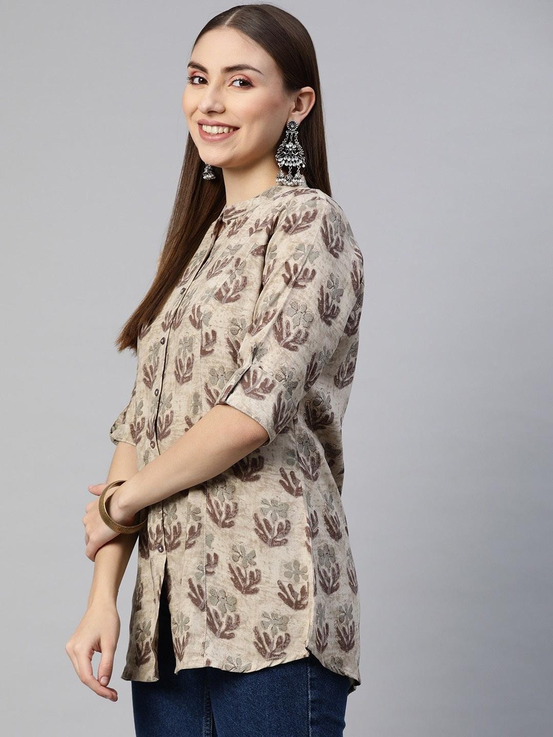 Brown Floral Rayon A-Line Shirt Style Top | LASVINI - Redefining Indian Fashion with Elegance