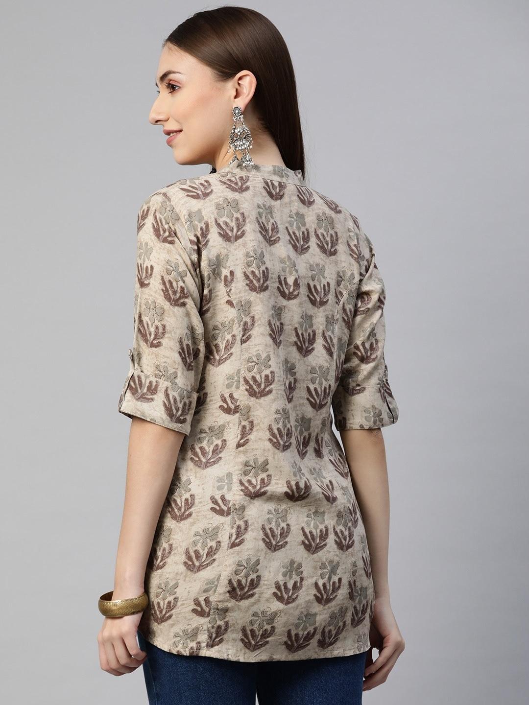 Brown Floral Rayon A-Line Shirt Style Top | LASVINI - Redefining Indian Fashion with Elegance