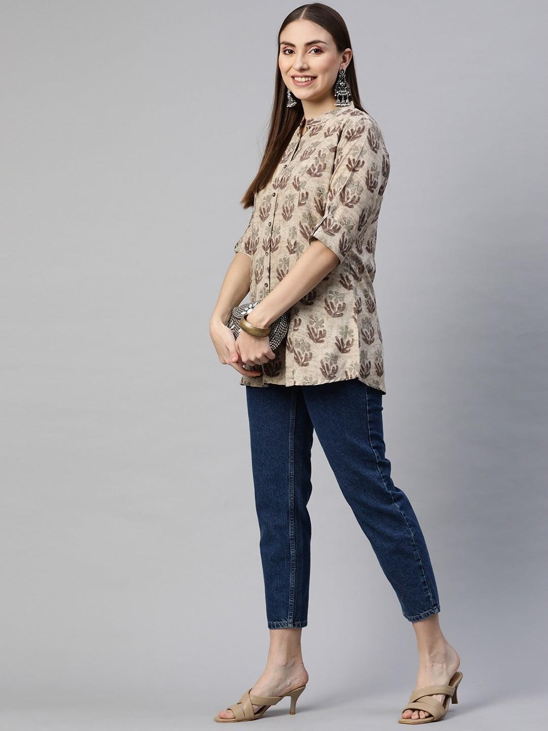 Brown Floral Rayon A-Line Shirt Style Top | LASVINI - Redefining Indian Fashion with Elegance