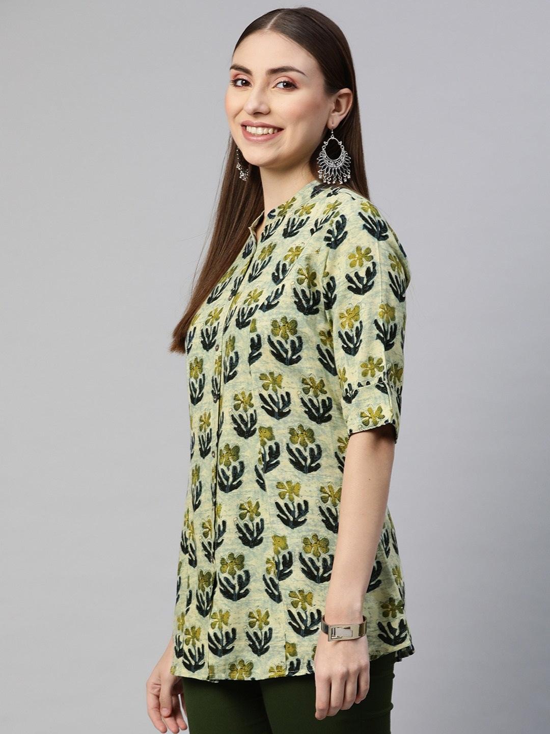 Green Blue Floral Rayon A-Line Shirt Style Top | LASVINI - Redefining Indian Fashion with Elegance