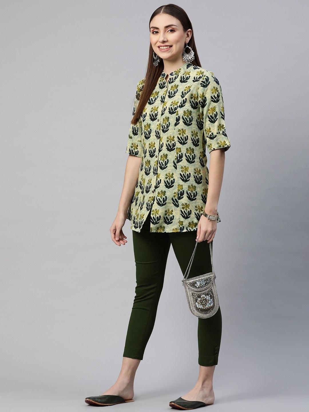 Green Blue Floral Rayon A-Line Shirt Style Top | LASVINI - Redefining Indian Fashion with Elegance