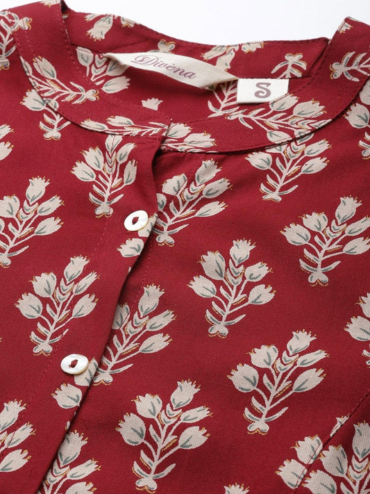 Dark Maroon Floral Rayon A-Line Shirts Style Top | LASVINI - Redefining Indian Fashion with Elegance