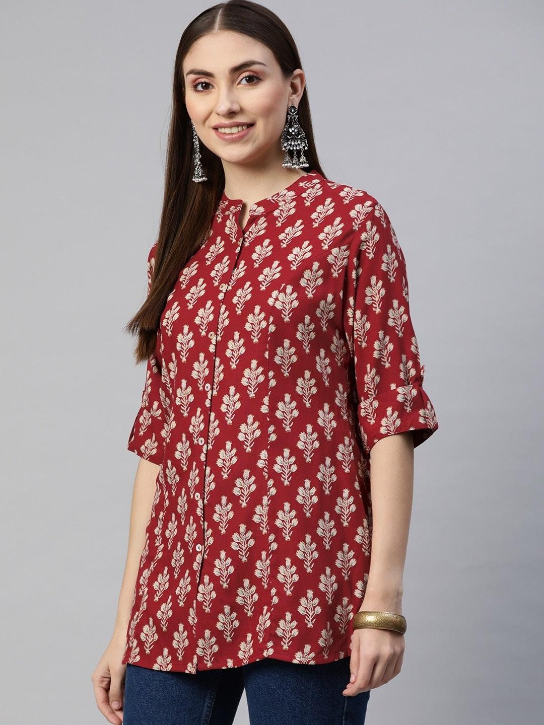 Dark Maroon Floral Rayon A-Line Shirts Style Top | LASVINI - Redefining Indian Fashion with Elegance