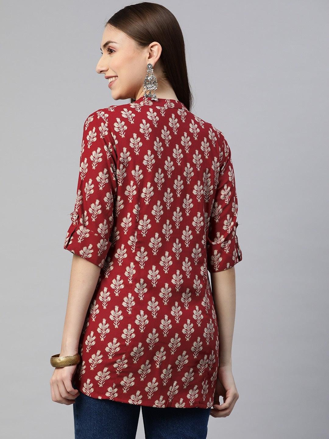 Dark Maroon Floral Rayon A-Line Shirts Style Top | LASVINI - Redefining Indian Fashion with Elegance