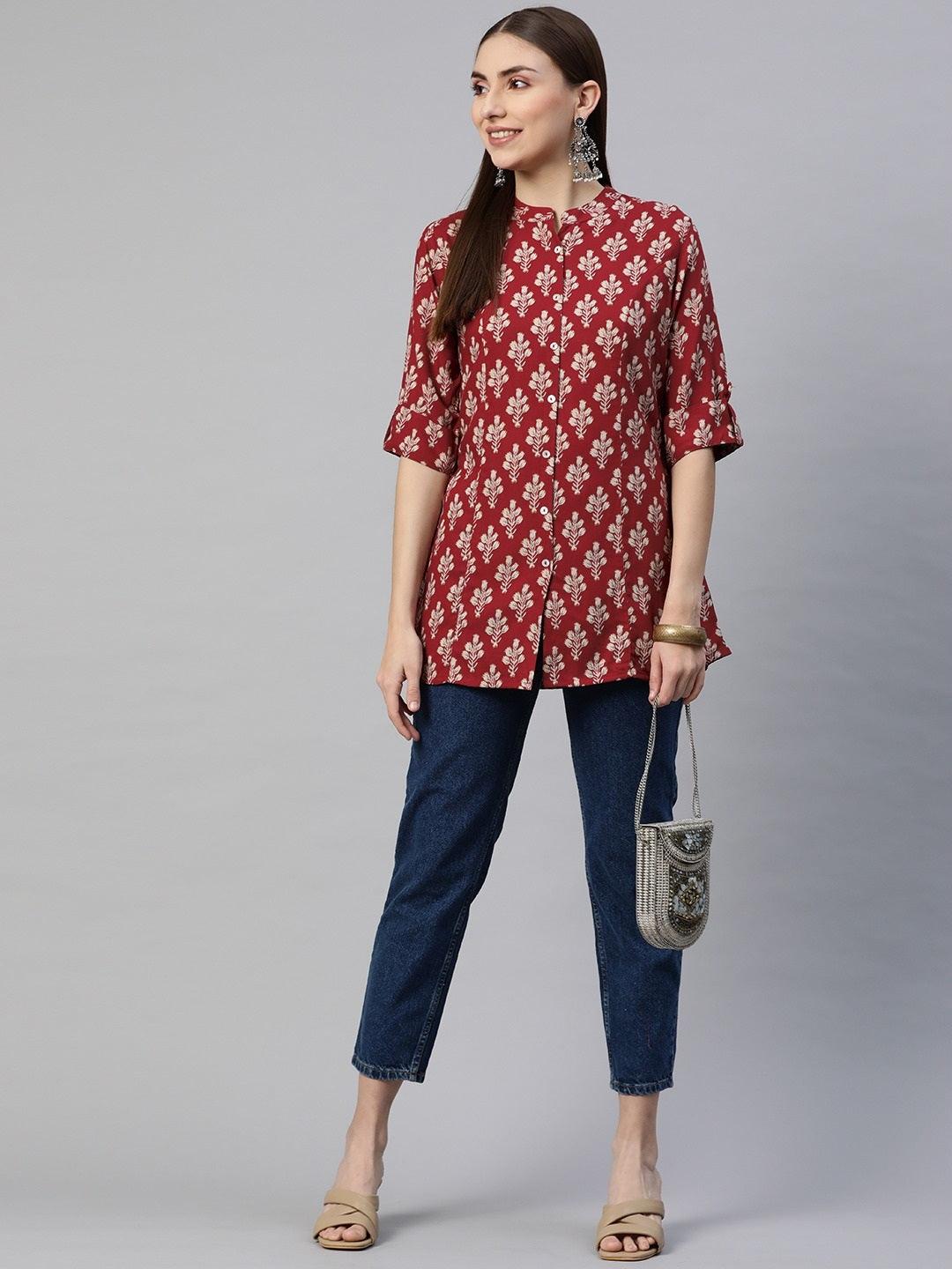 Dark Maroon Floral Rayon A-Line Shirts Style Top | LASVINI - Redefining Indian Fashion with Elegance