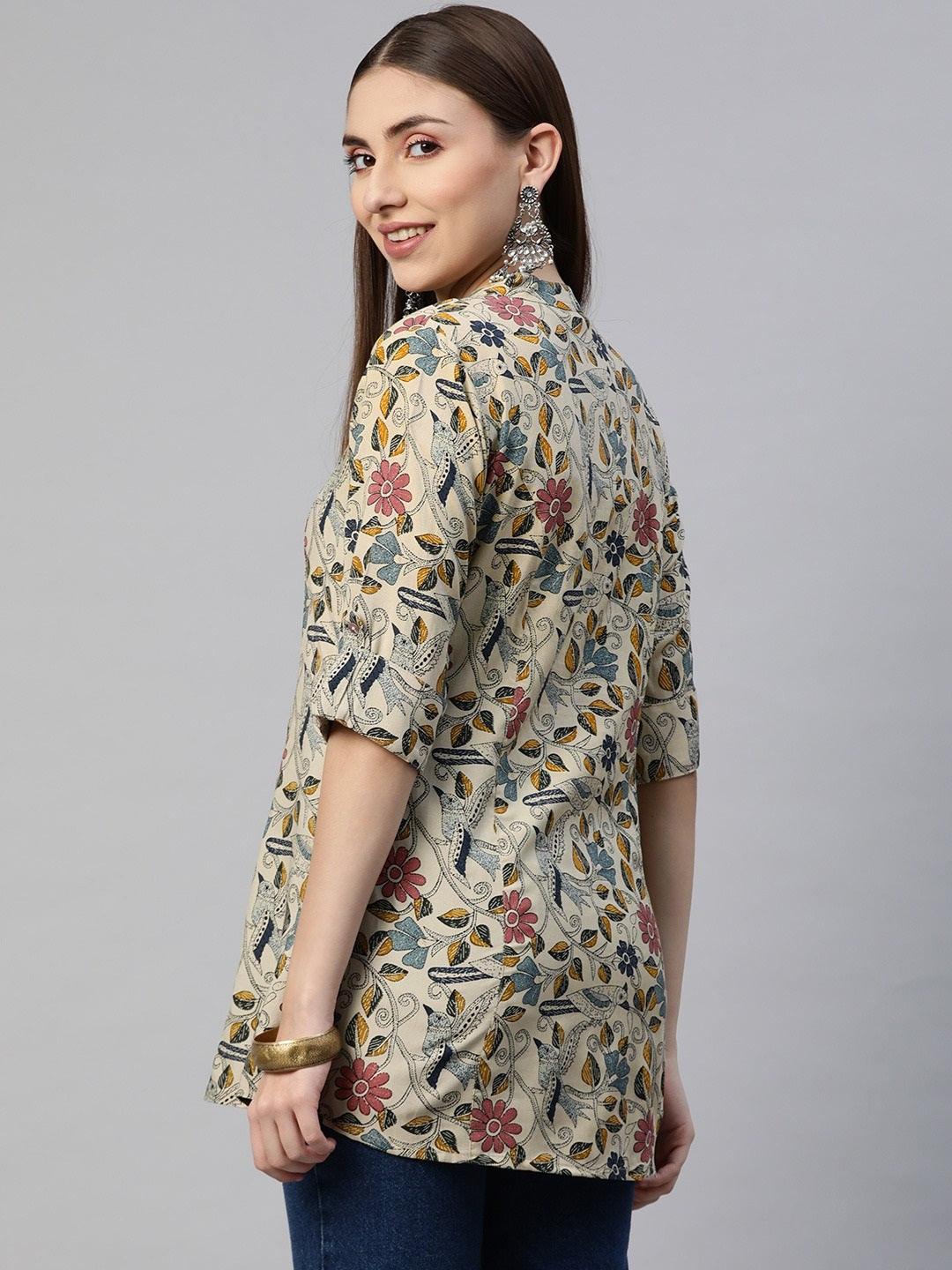 Beige Multi Floral Rayon A-Line Shirts Style Top | LASVINI - Redefining Indian Fashion with Elegance