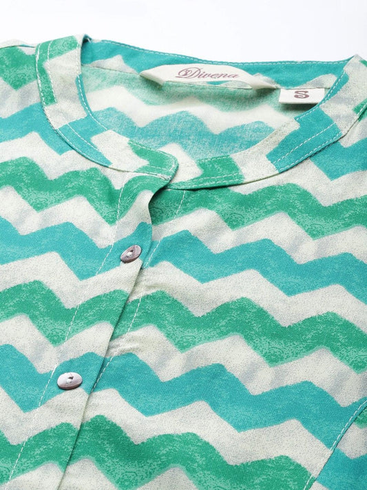 Teal Blue Geometric Rayon A-Line Shirts Style Top | LASVINI - Redefining Indian Fashion with Elegance