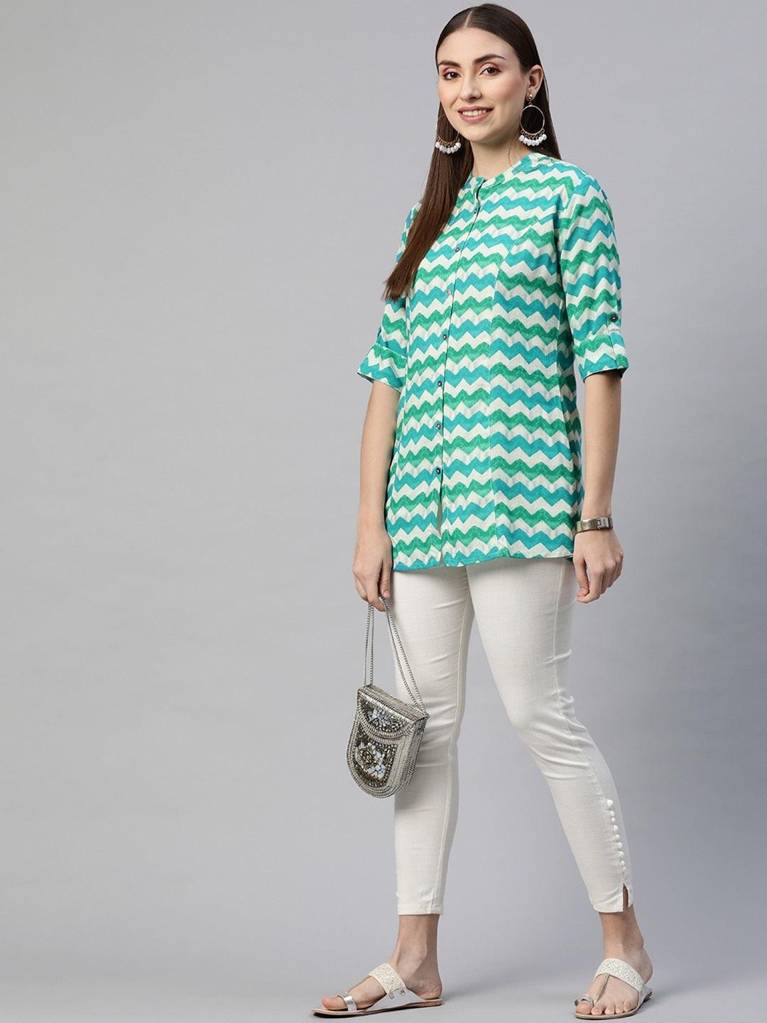 Teal Blue Geometric Rayon A-Line Shirts Style Top | LASVINI - Redefining Indian Fashion with Elegance