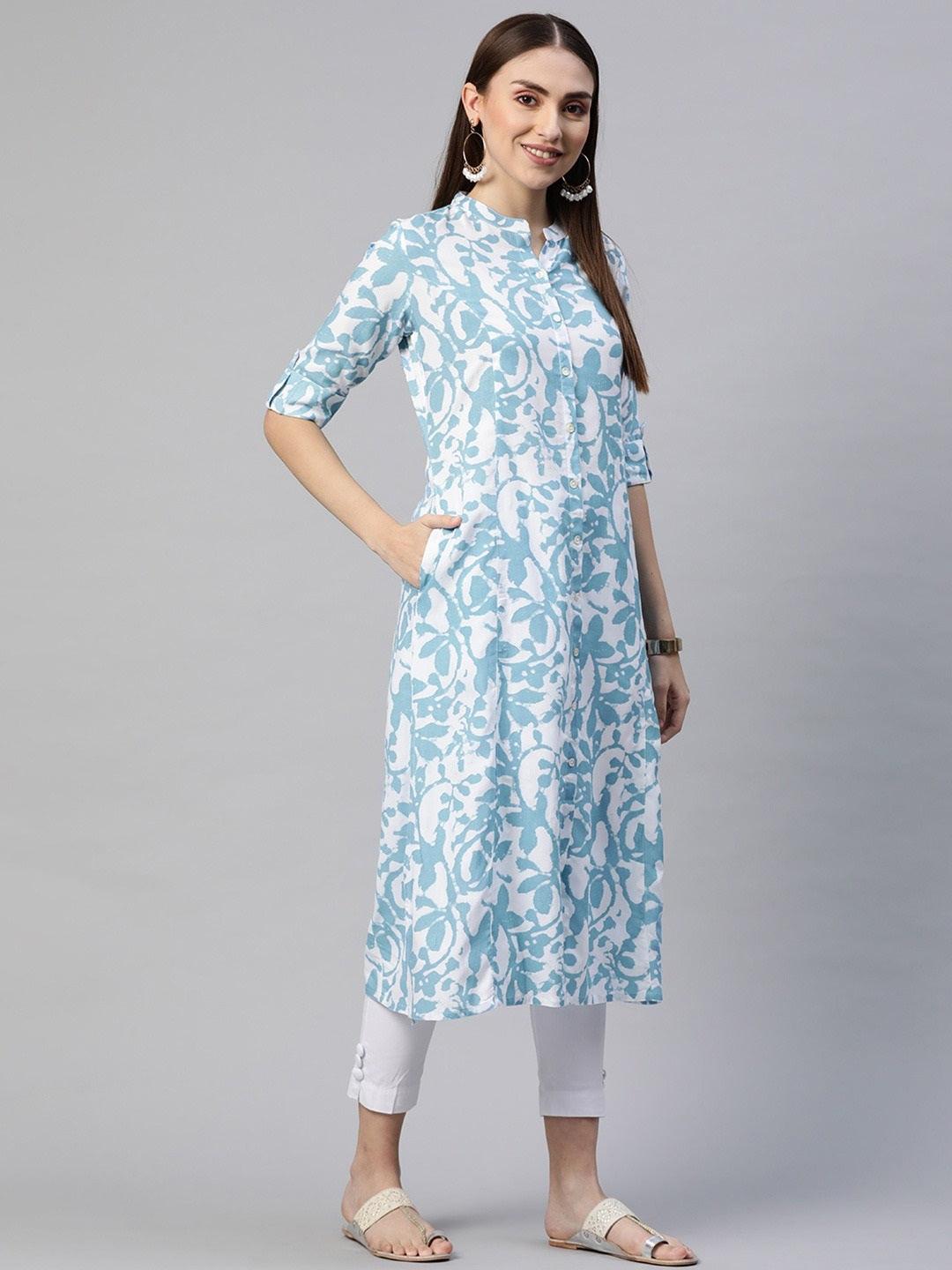 White Blue Cotton A-Line Kurta | LASVINI - Redefining Indian Fashion with Elegance