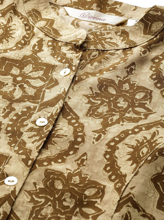 Coffee Brown Floral Rayon A-Line Shirts Style Top | LASVINI - Redefining Indian Fashion with Elegance