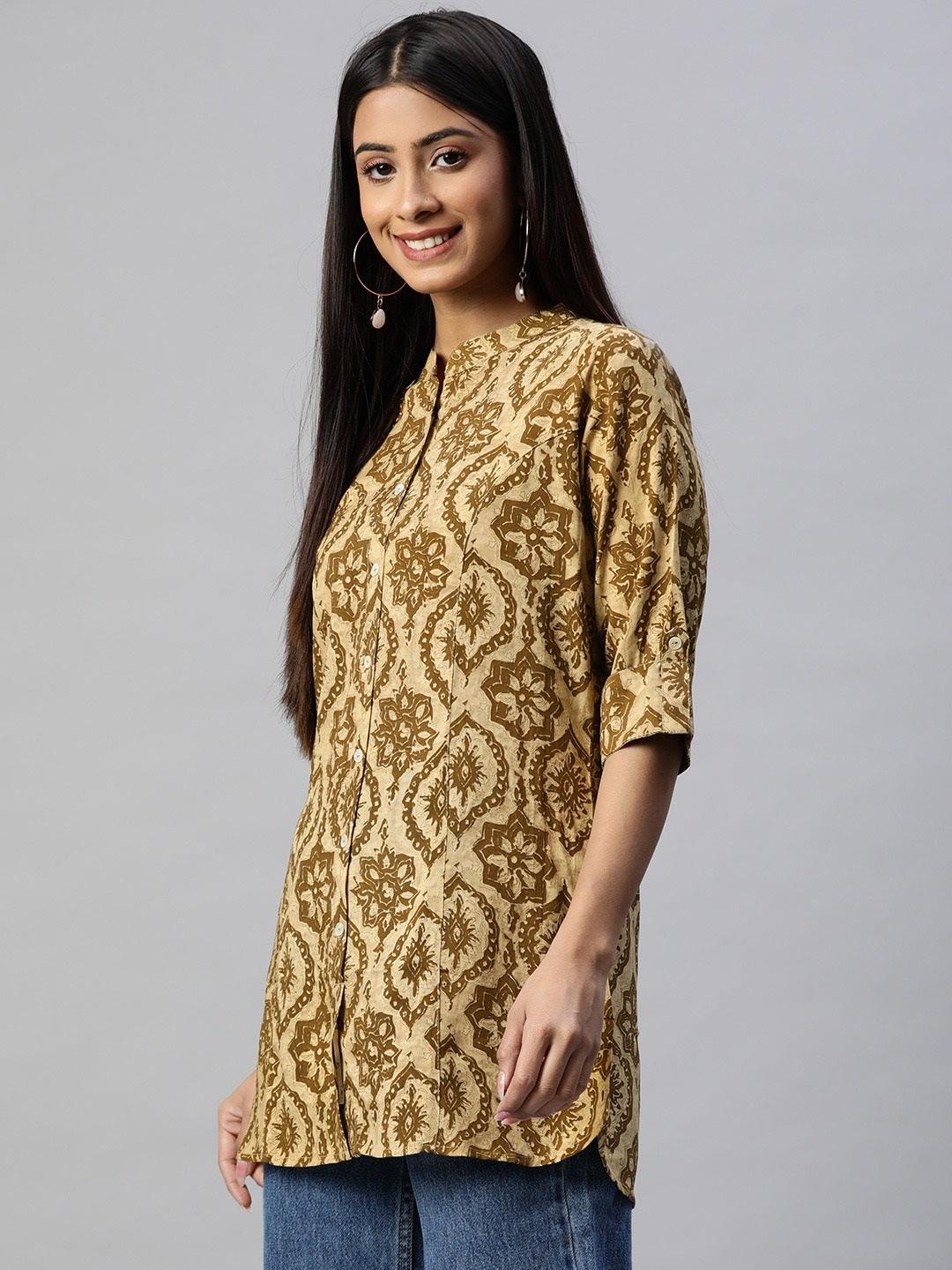Coffee Brown Floral Rayon A-Line Shirts Style Top | LASVINI - Redefining Indian Fashion with Elegance