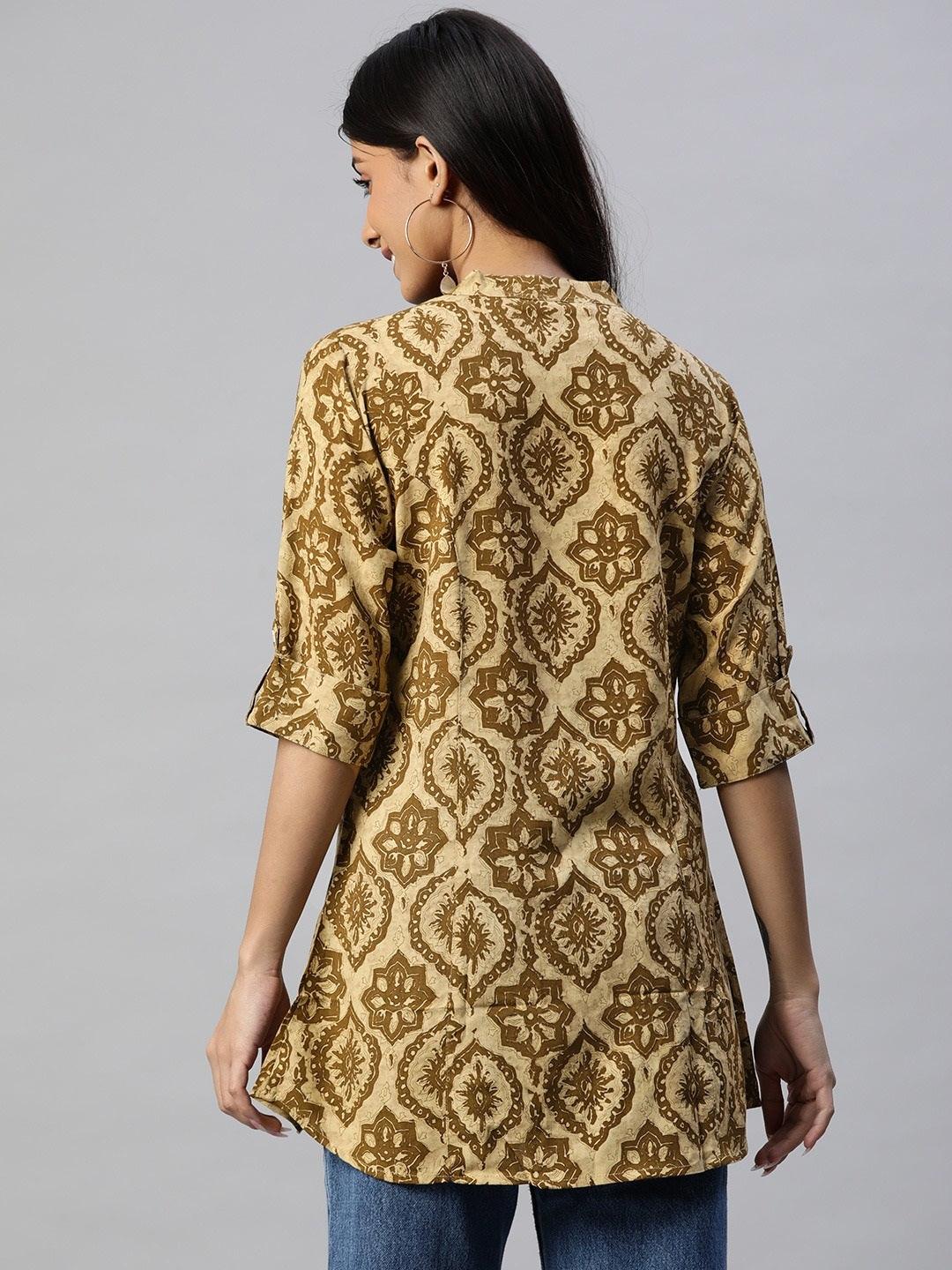Coffee Brown Floral Rayon A-Line Shirts Style Top | LASVINI - Redefining Indian Fashion with Elegance