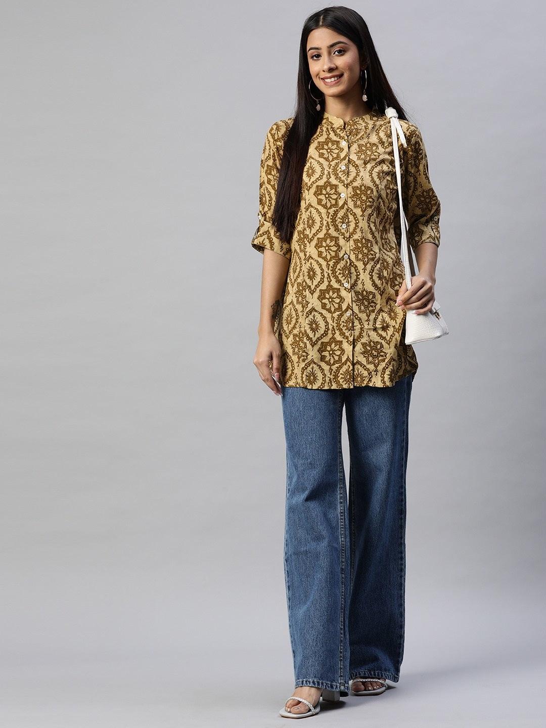 Coffee Brown Floral Rayon A-Line Shirts Style Top | LASVINI - Redefining Indian Fashion with Elegance