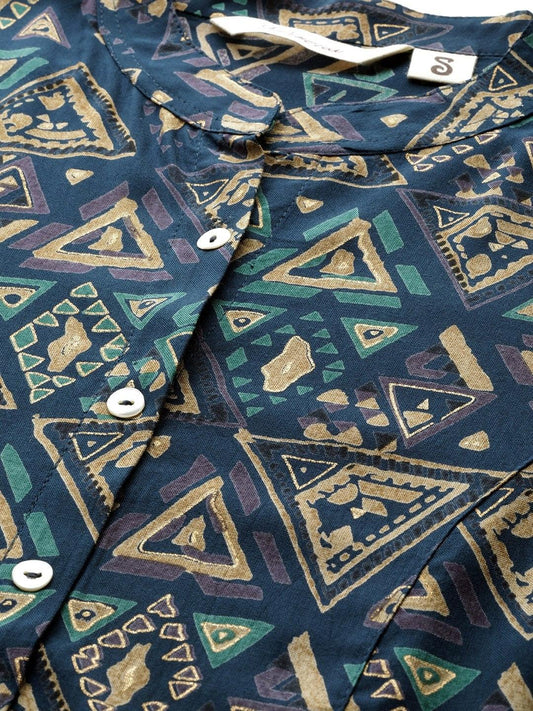 Navy Blue Cross Rayon A-Line Shirts Style Top | LASVINI - Redefining Indian Fashion with Elegance