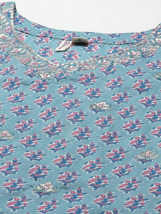 Turquoise Blue Cotton Floral Printed Kurta Pant Set With Dupatta | LASVINI - Redefining Indian Fashion with Elegance